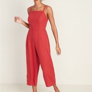 Old Navy Red Square Neck Linen Blend Jumpsuit